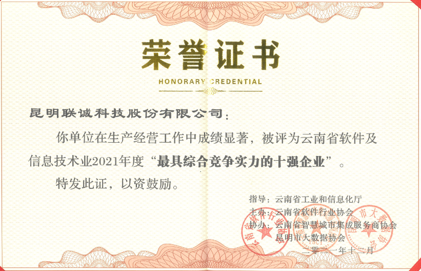 云南省软件及信息技术技术业最具综合竞争实力的十强